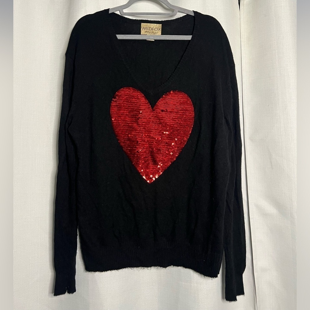 Wild Fox White Label Black Sweater Red Sequin Heart Medium - Picture 3 of 9